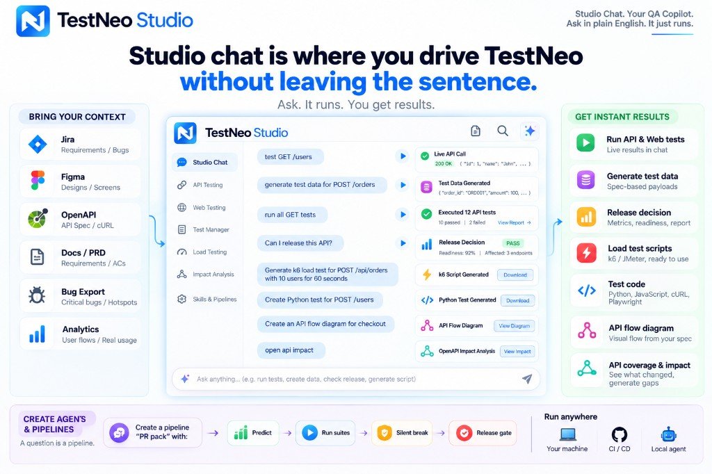 TestNeo AI Studio chat: bring context, ask in plain English, get results