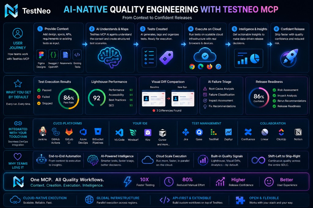 AI-native quality engineering with TestNeo MCP: user journey from context through execution to insights and confident release; default signals, toolchain integrations, and value themes.